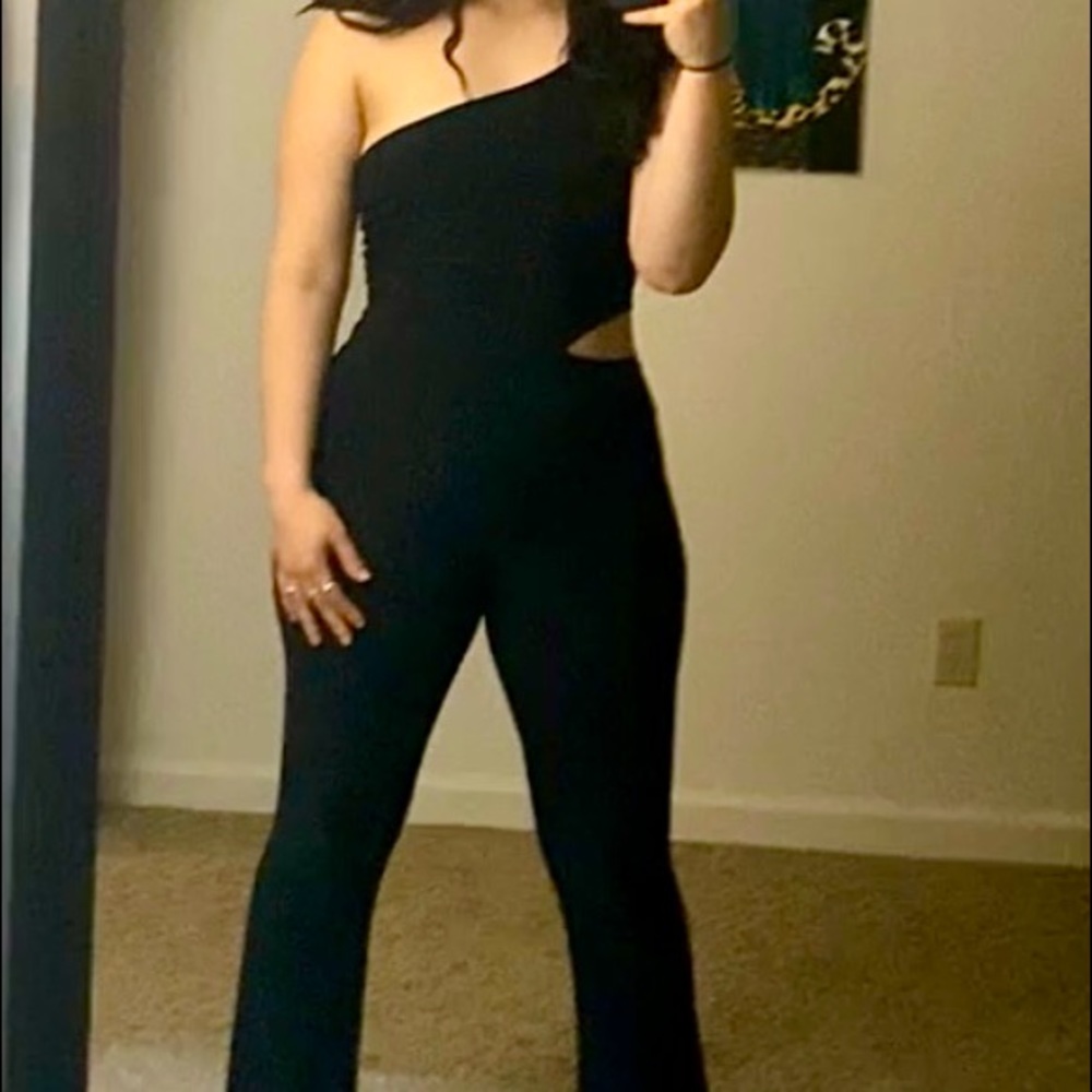Saints black floor length one shoulder romper with cutout on side